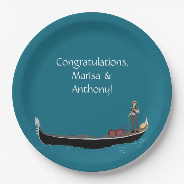Venice, Italy Gondola and Gondolier Teal Blue Paper Plates (Front)