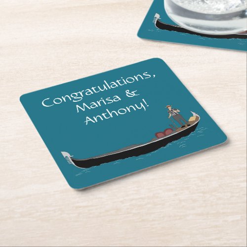 Venice Italy Gondola and Gondolier Teal Blue Square Paper Coaster