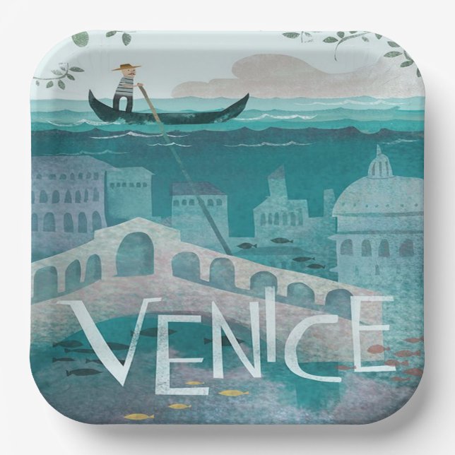 venice Italy Gondola travel vacation retro post  Paper Plates (Front)