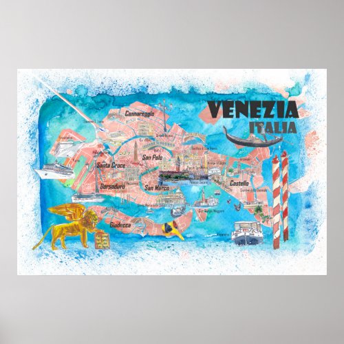 Venice Italy Illustrated Map with Main Canals Land Poster