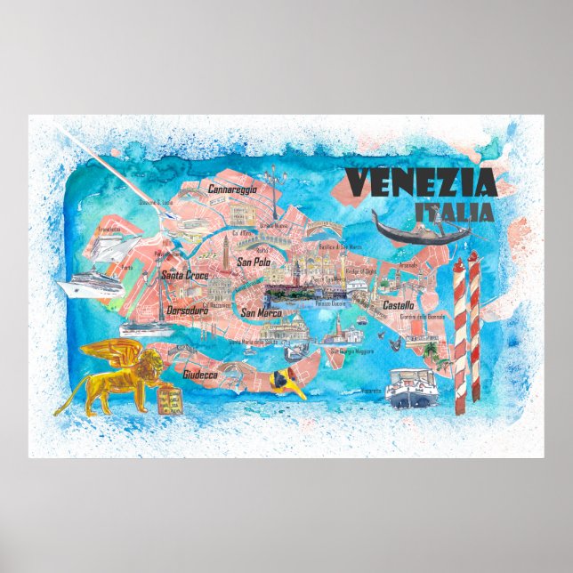 Venice Italy Illustrated Map with Main Canals Land Poster (Front)