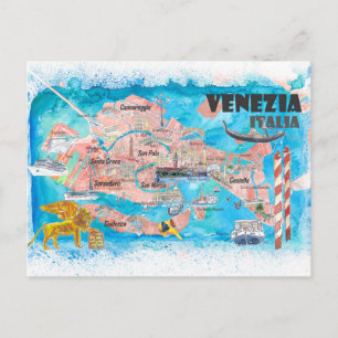 Venice Italy Illustrated Map with Main Canals Postcard