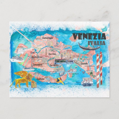 Venice Italy Illustrated Map with Main Canals Postcard