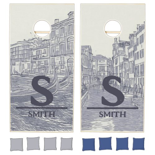 Venice Italy Line Art with Customized Family Name  Cornhole Set