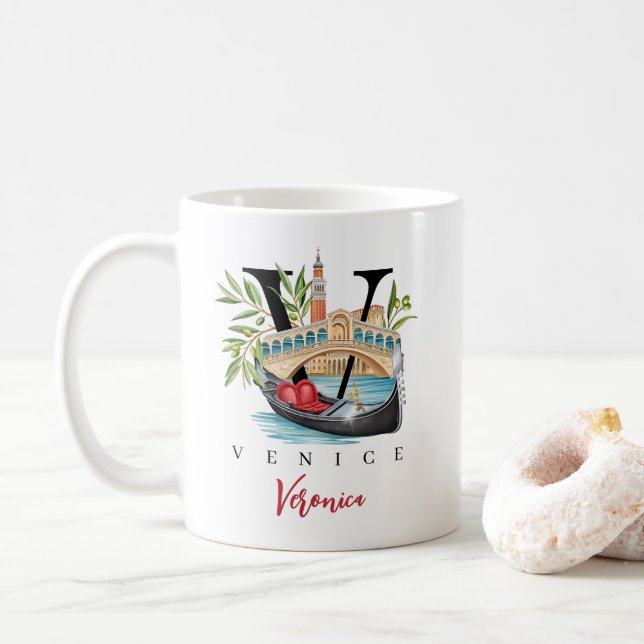 Venice Italy Monogram Letter V Personalized Gift Coffee Mug (With Donut)