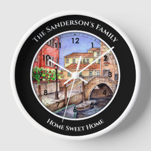 Venice Italy Pen and Wash Watercolor Painting Clock