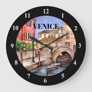 Venice Italy - Pen & Wash Watercolor Painting Large Clock
