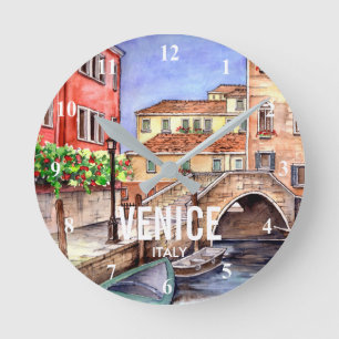 Venice Italy - Pen & Wash Watercolor Painting Round Clock