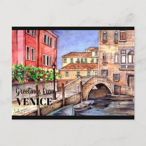 Venice Italy Pen  Wash Watercolor Postcard