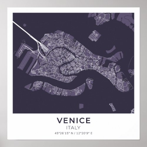 Venice Italy Purple Square Map Poster