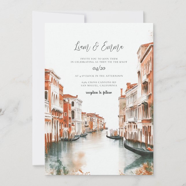 Venice Italy Watercolor Vinatge Wedding Invitation (Front)