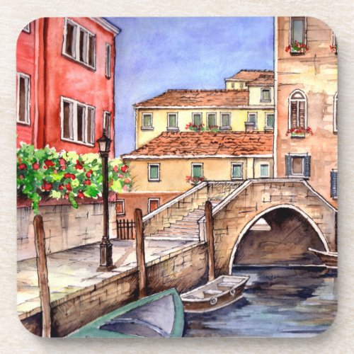 Venice _ Pen  Wash Watercolor Beverage Coaster