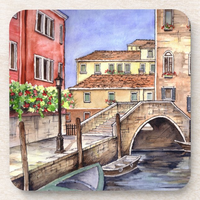 Venice - Pen & Wash Watercolor Beverage Coaster (Front)