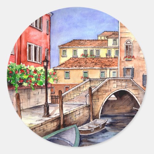 Venice _ Pen  Wash Watercolor Classic Round Sticker