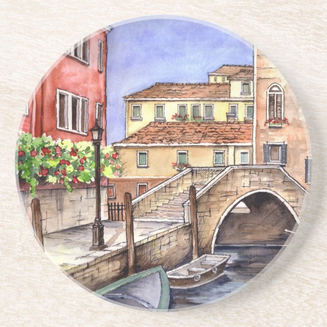 Venice - Pen & Wash Watercolor Coaster (Front)