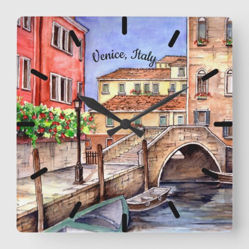 Venice _ Pen  Wash Watercolor Painting Square Wall Clock