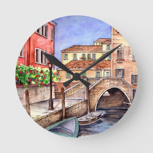 Venice _ Pen  Wash Watercolor Round Clock
