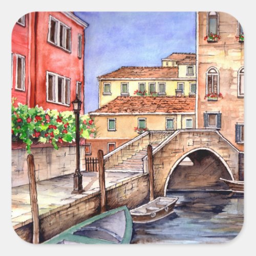 Venice _ Pen  Wash Watercolor Square Sticker