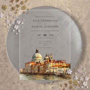 Venice Skyline Watercolor Destination Wedding Acrylic Invitations