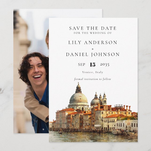 Venice Skyline Watercolor Photo Wedding Save The Date (Front/Back)