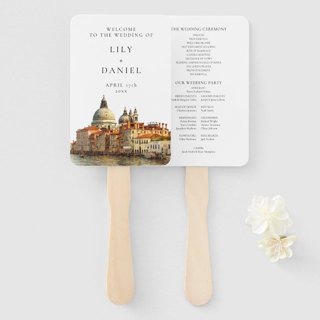 Venice Skyline Watercolor Wedding Program Hand Fan (Front and Back)