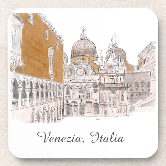 Venice St. Marks Square Pen and Ink Illustration Beverage Coaster (Front)