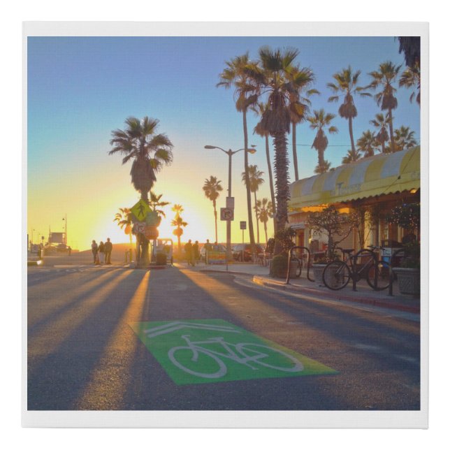 Venice Sunsets Boardwalk Bike with Palms Faux Canvas Print (Front)