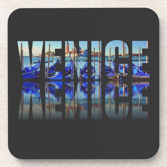 Venice text with reflection square beverage coaster (Front)