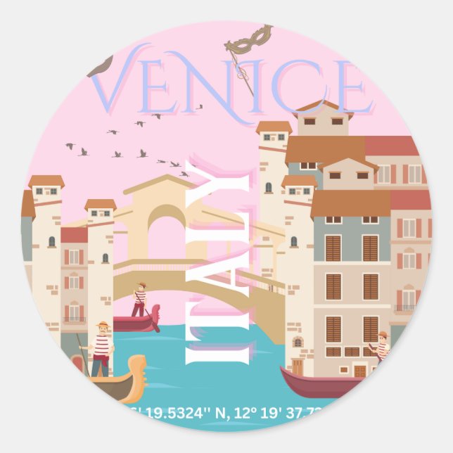 Venice Travel Art, Italy, Retro Travel Art Classic Round Sticker (Front)