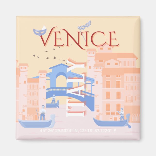 Venice Travel Art, Italy, Travel Art, Retro Magnet (Front)