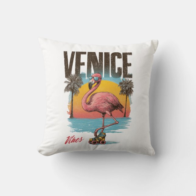 Venice Vibes Flamingo Retro Beach California Tropi Throw Pillow (Front)