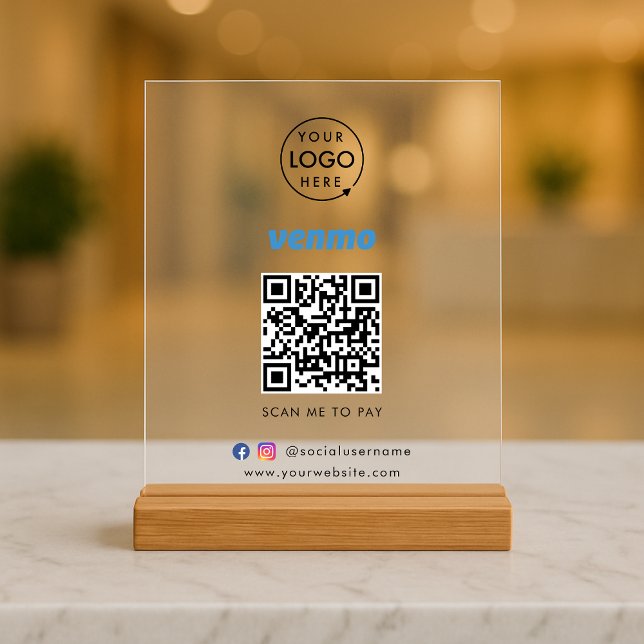Venmo Acrylic Tabletop Sign | Contactless Payment (Interactive "scan to pay” QR code cash wrap table signage for collecting digital payment by Venmo.)
