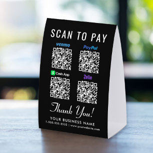 Venmo CashApp PayPal Zelle QR Codes Scan To Pay Paper Table Tent