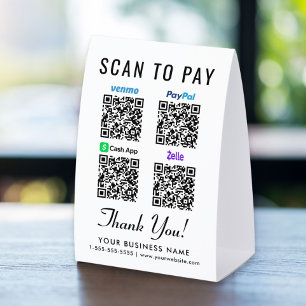 Venmo CashApp PayPal Zelle QR Codes Scan To Pay Paper Table Tent