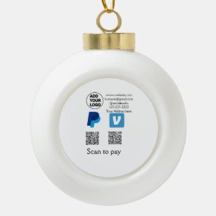 Venmo paypal scan to pay add q r code logo text na ceramic ball christmas ornament