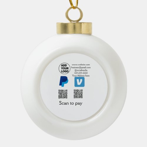 Venmo paypal scan to pay add q r code logo text na ceramic ball christmas ornament