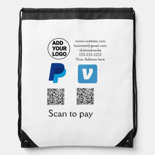Venmo paypal scan to pay add q r code logo text na drawstring bag (Front)