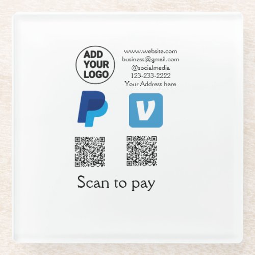 Venmo paypal scan to pay add q r code logo text na glass coaster