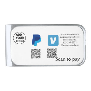 Venmo paypal scan to pay add q r code logo text na silver finish money clip