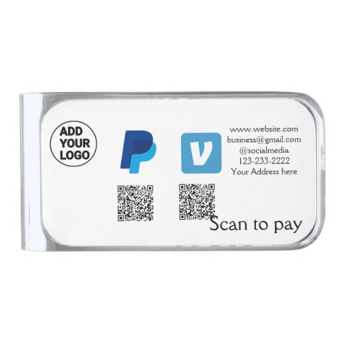 Venmo paypal scan to pay add q r code logo text na silver finish money clip