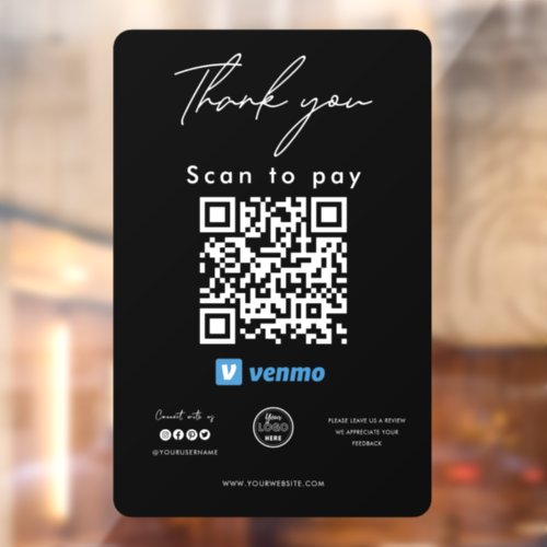 Venmo QR Code Logo Scan to Pay Thank you Black Window Cling