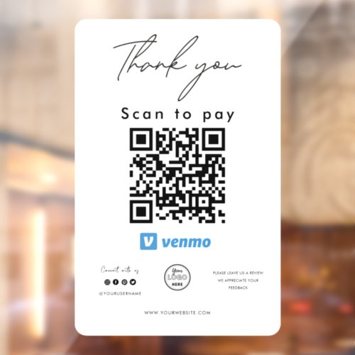 Venmo QR Code Logo Scan to Pay Thank you Window Cling