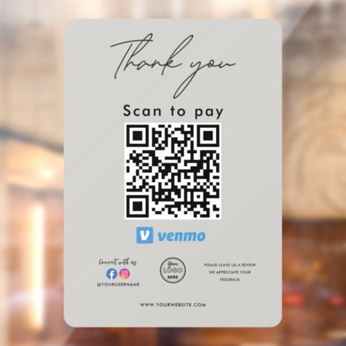 Venmo QR Code Logo Thank you Scan to Pay Window Cling