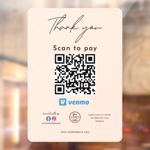 Venmo QR Code Logo Thank you Scan to Pay Window Cling