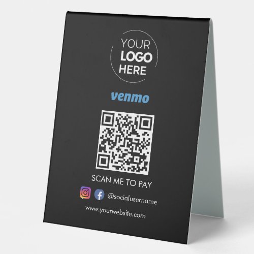 Venmo QR Code Payment   Scan to Pay Black Table Tent Sign