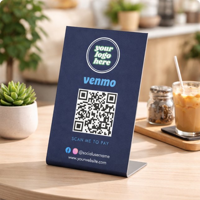 Venmo QR Code Payment | Scan to Pay Business Logo Pedestal Sign (QR Code Black Menu Logo Contactless Modern Cafe Pedestal Sign)