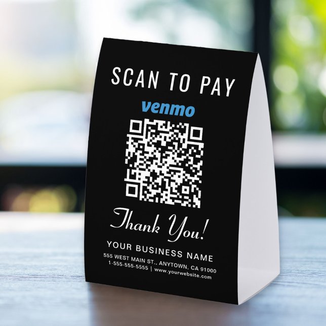 Venmo QR Code Scan To Pay Black Paper Table Tent (Creator Uploaded)