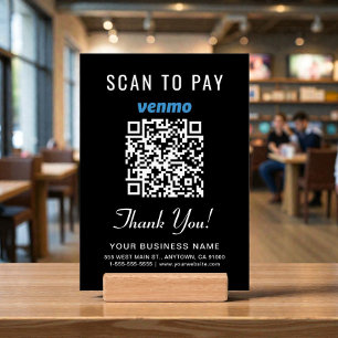 Venmo QR Code Scan To Pay Black Tabletop Sign Holder