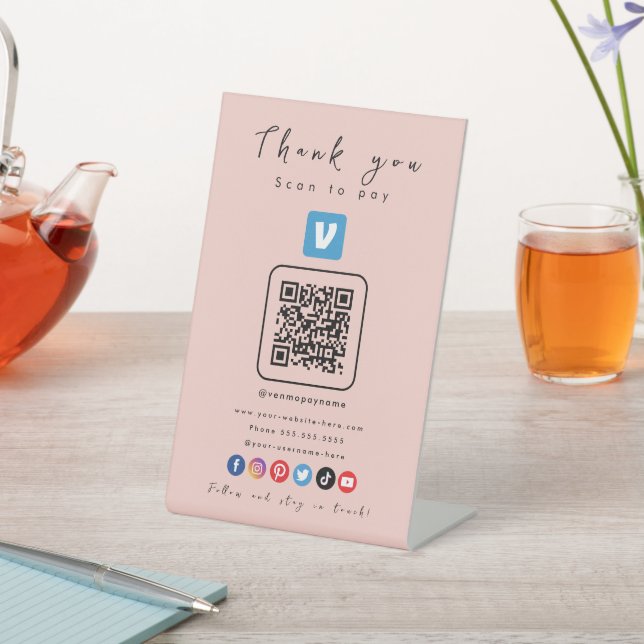 Venmo QR Code Thank You Scan To Pay Modern Pink Pedestal Sign (In SItu)