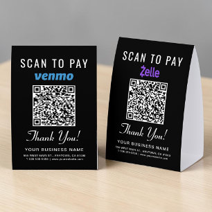 Venmo Zelle QR Code Scan To Pay Black Paper Table Tent